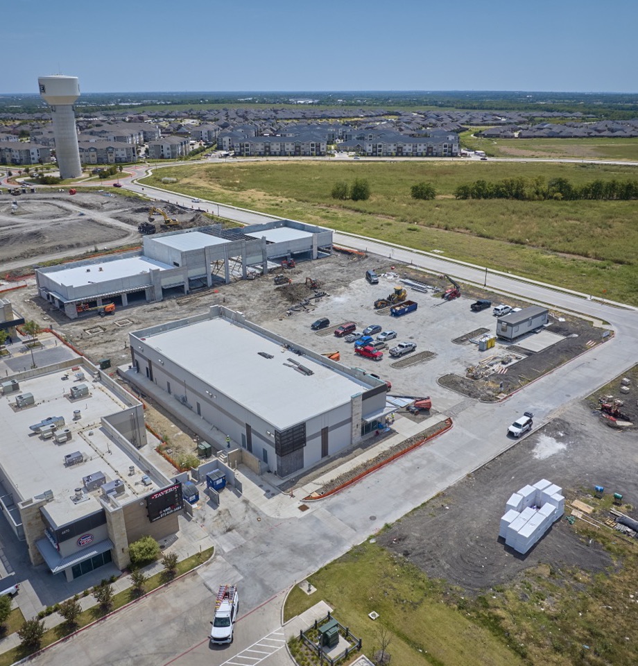 A commercial site under construction in North Texas, seen from a drone